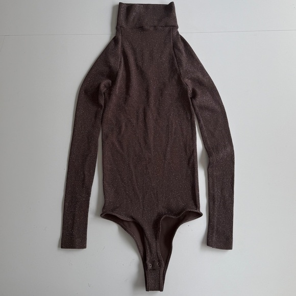 Free People Brown Glitter Sparkle Mock Neck Long Sleeve Bodysuit Sz Medium Large - Picture 1 of 5